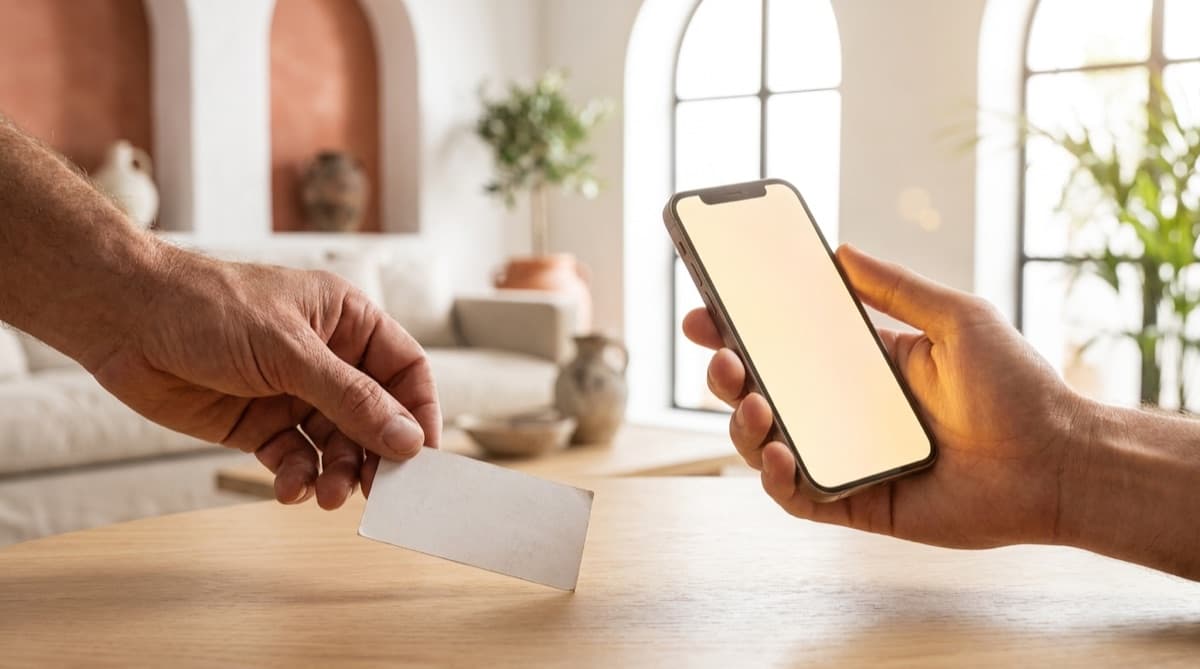 A traditional paper card compared with a digital business card on a phone